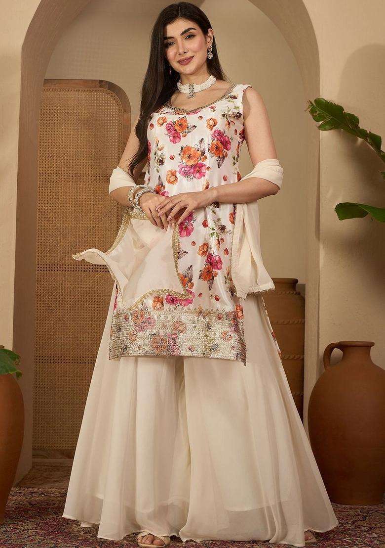 Off White Printed Silk Blend Kurta Set - Indya