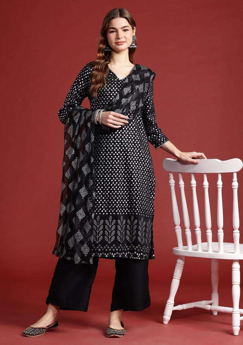 Black Printed Polyester Kurta Set - Indya
