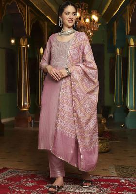 Mauve Embroidered Silk Blend Kurta Set