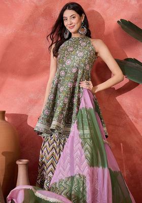 Green Printed Cotton Anarkali Set