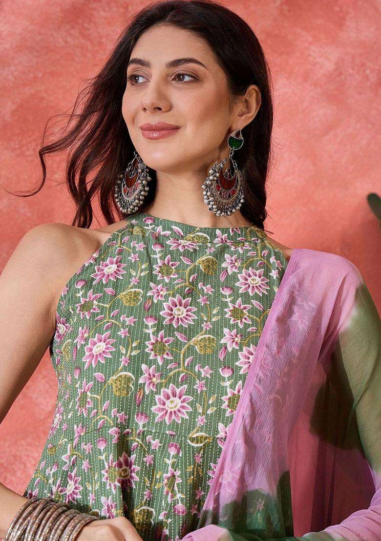 Green Printed Cotton Anarkali Set - Indya