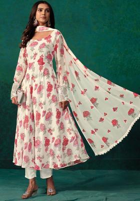 White Printed Georgette Anarkali Set