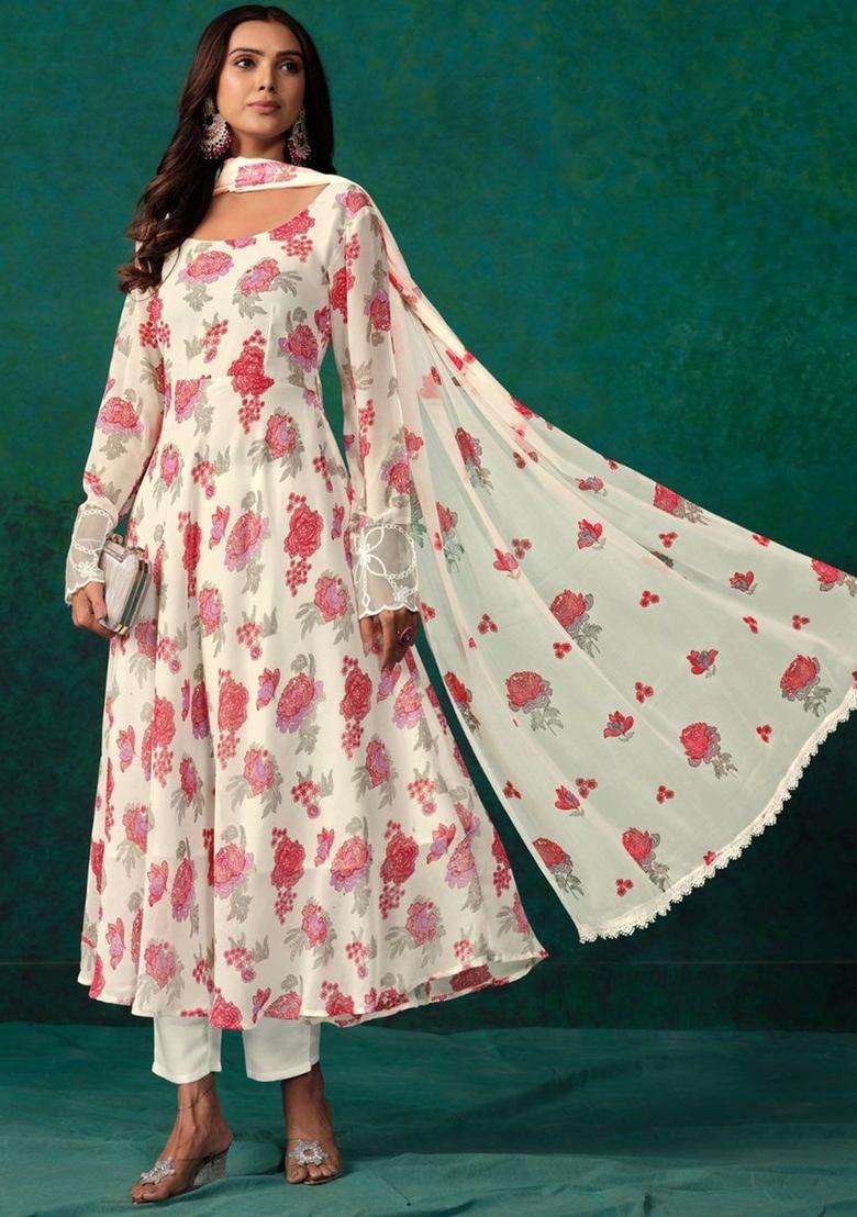 White Printed Georgette Anarkali Set - Indya