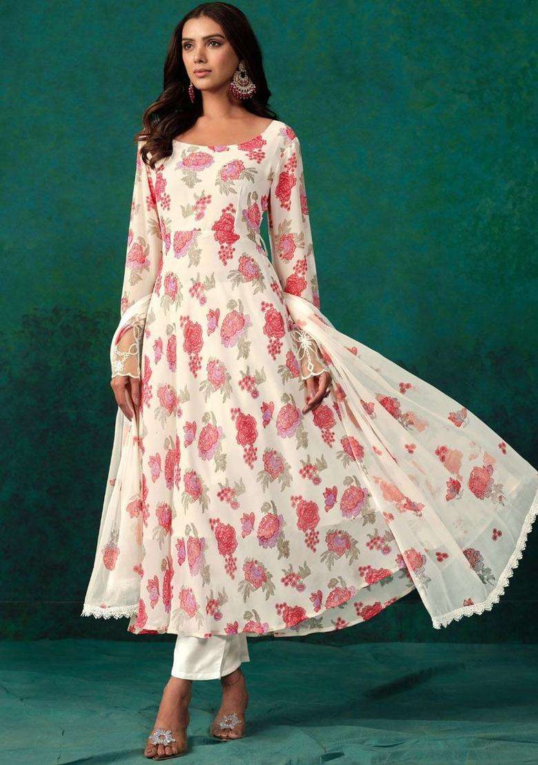 White Printed Georgette Anarkali Set - Indya