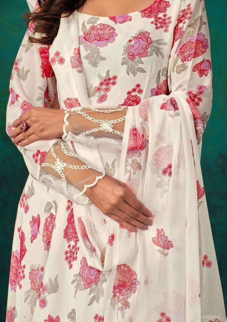 White Printed Georgette Anarkali Set - Indya
