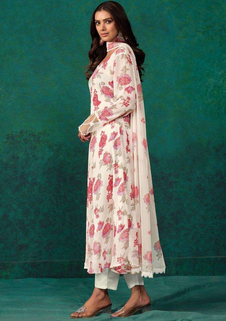 White Printed Georgette Anarkali Set - Indya