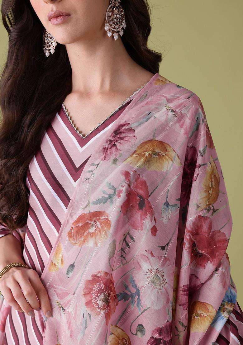 Pink Printed Polyester Kurta Set - Indya