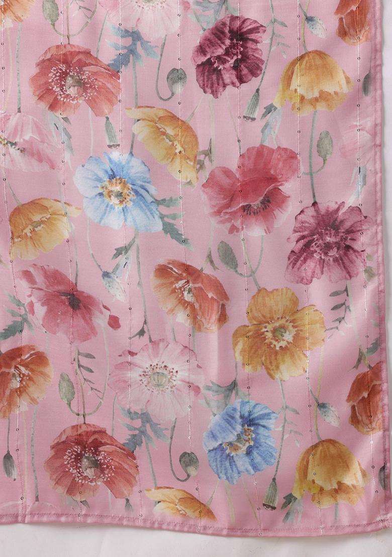 Pink Printed Polyester Kurta Set - Indya