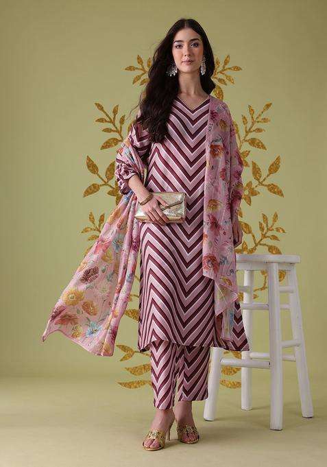 Pink Printed Polyester Kurta Set