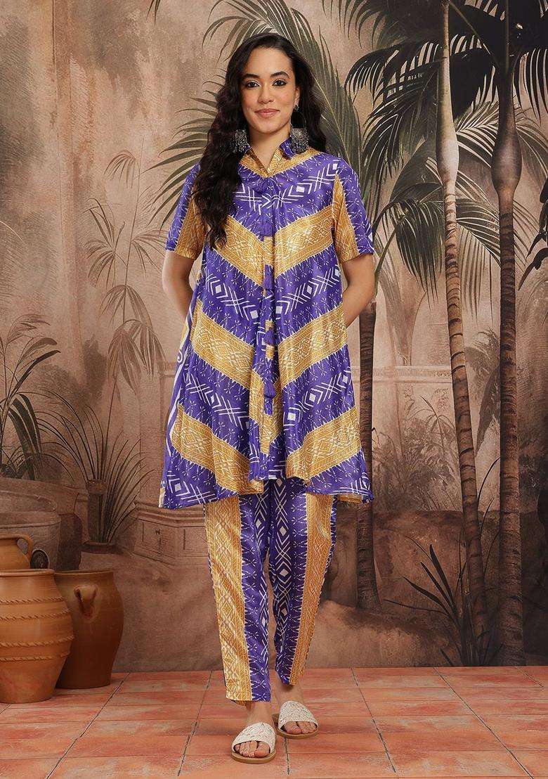 Purple Printed Polyester Kurta Set - Indya