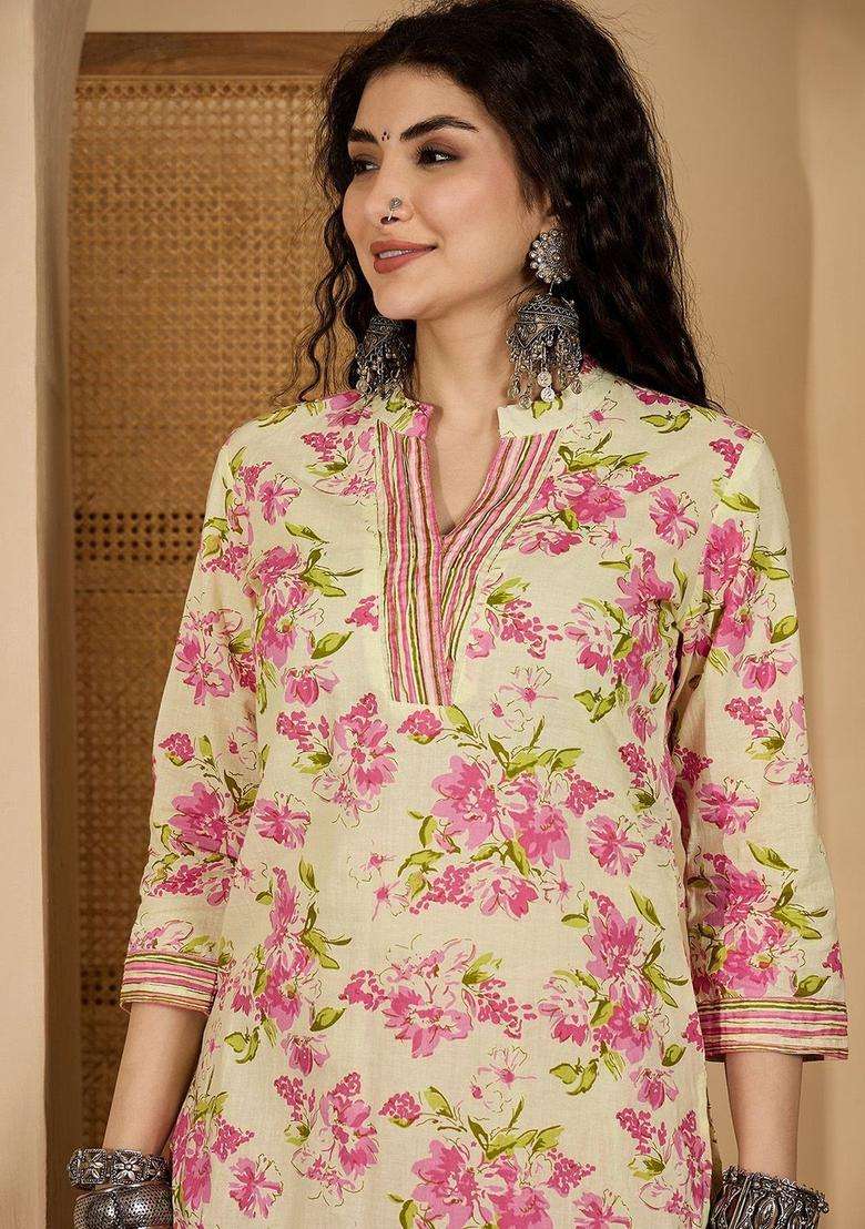 Beige Printed Cotton Kurta Set - Indya