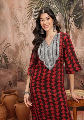 Maroon Printed Polyester Kurta Set