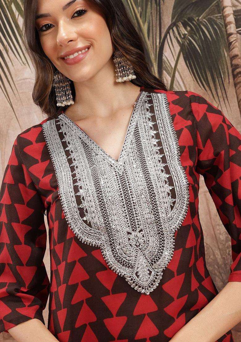 Maroon Printed Polyester Kurta Set - Indya