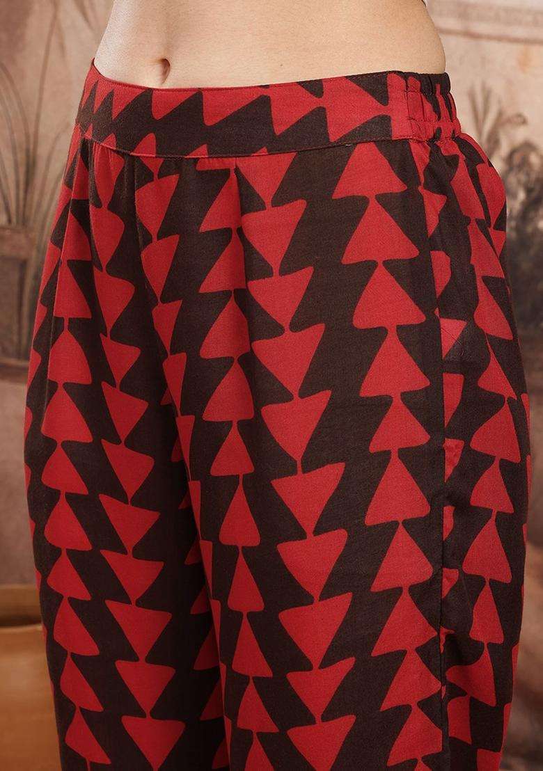 Maroon Printed Polyester Kurta Set - Indya