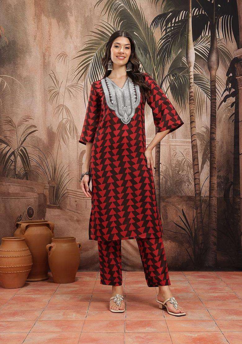 Maroon Printed Polyester Kurta Set - Indya