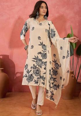 Cream Printed Silk Kurta Set
