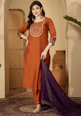 Rust Yoke Design Silk Blend Kurta Set