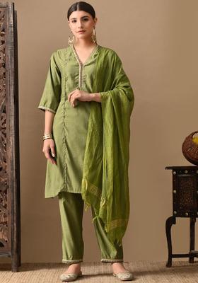 Green Solid Silk Kurta Set