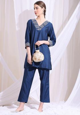 Navy Blue Solid Silk Blend Kurta Set