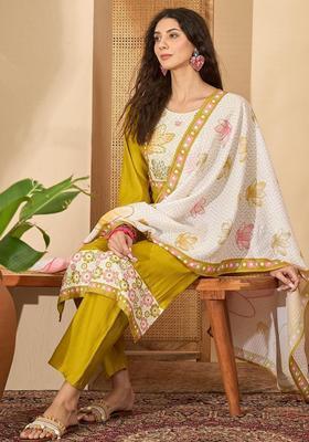 Mustard Printed Silk Blend Kurta Set