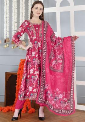 Red Printed Cotton Anarkali Set