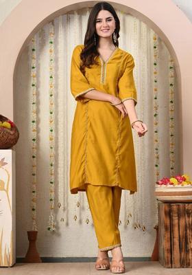 Mustard Solid Silk Blend Kurta Set