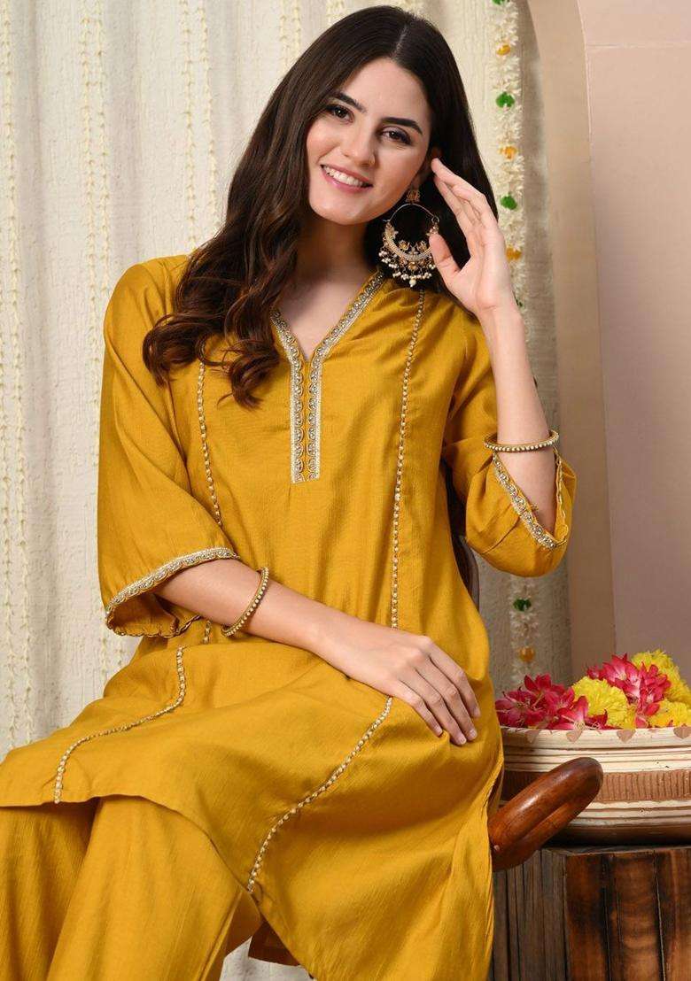 Mustard Solid Silk Blend Kurta Set - Indya