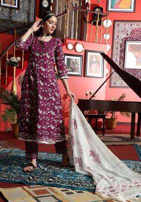 Burgundy Printed Cotton Kurta Set