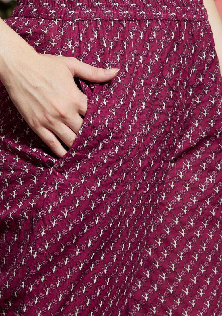 Burgundy Printed Cotton Kurta Set - Indya