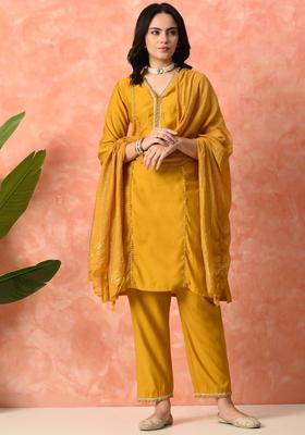 Mustard Solid Silk Blend Kurta Set
