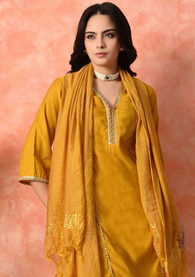 Mustard Solid Silk Blend Kurta Set - Indya