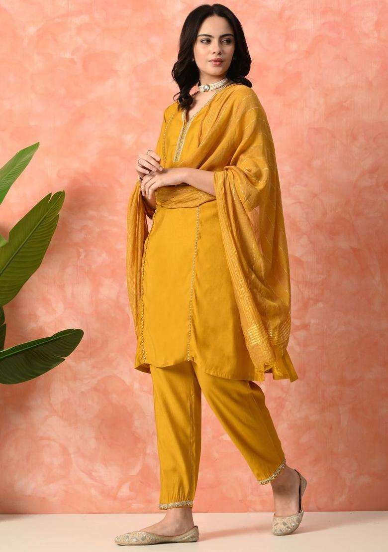 Mustard Solid Silk Blend Kurta Set - Indya