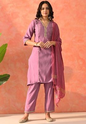 Lavender Solid Silk Kurta Set