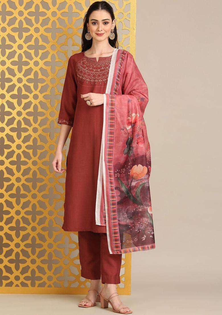 Rust Embroidered Viscose Kurta Set - Indya