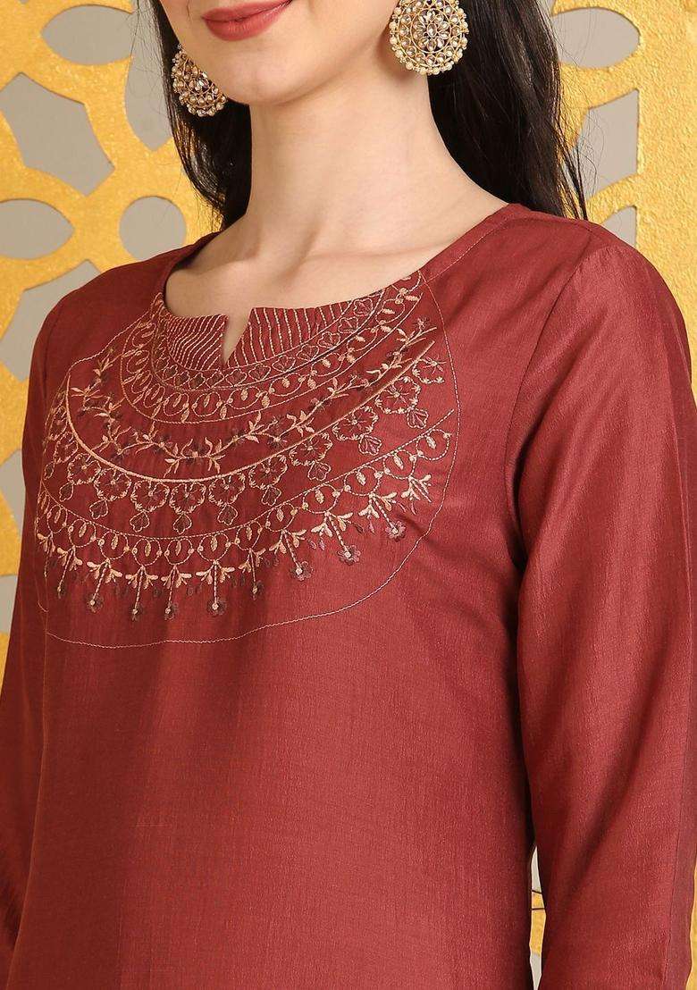 Rust Embroidered Viscose Kurta Set - Indya