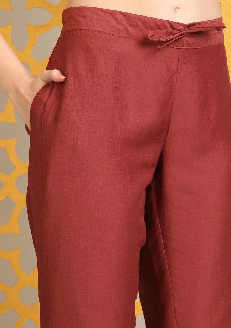 Rust Embroidered Viscose Kurta Set - Indya