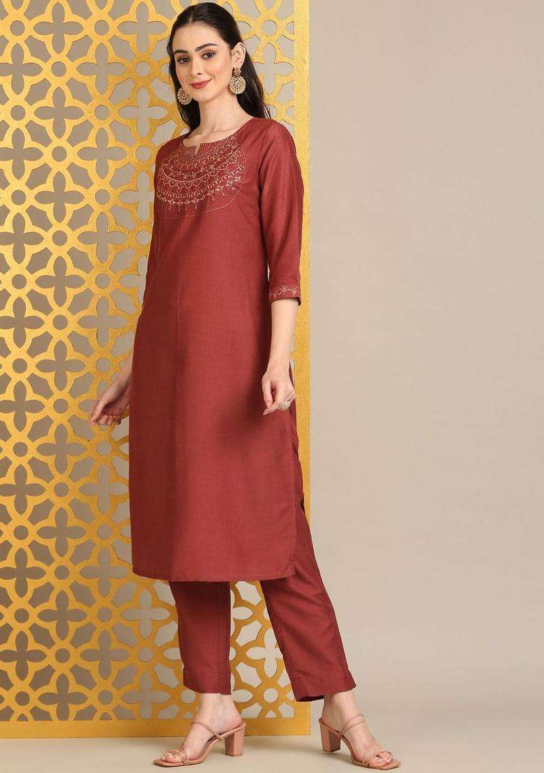 Rust Embroidered Viscose Kurta Set - Indya