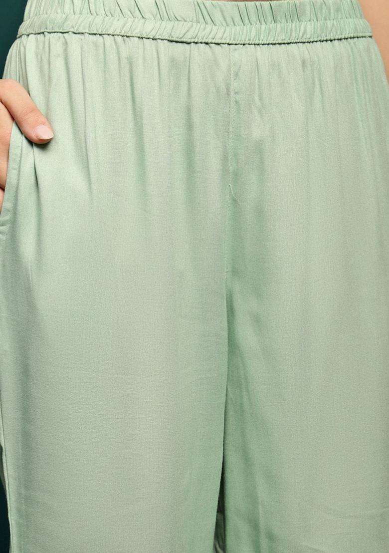 Sea Green Embroidered Viscose Kurta Set - Indya