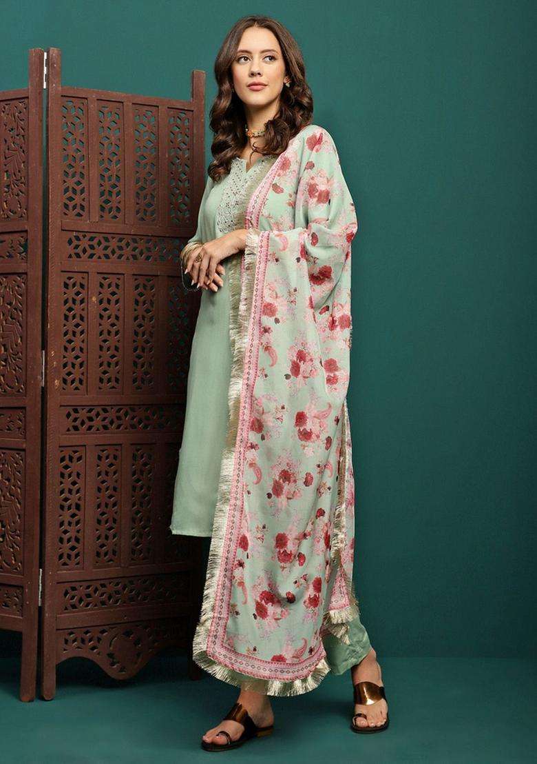 Sea Green Embroidered Viscose Kurta Set - Indya