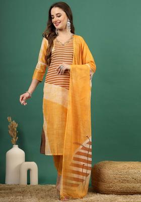 Yellow Striped Viscose Kurta Set