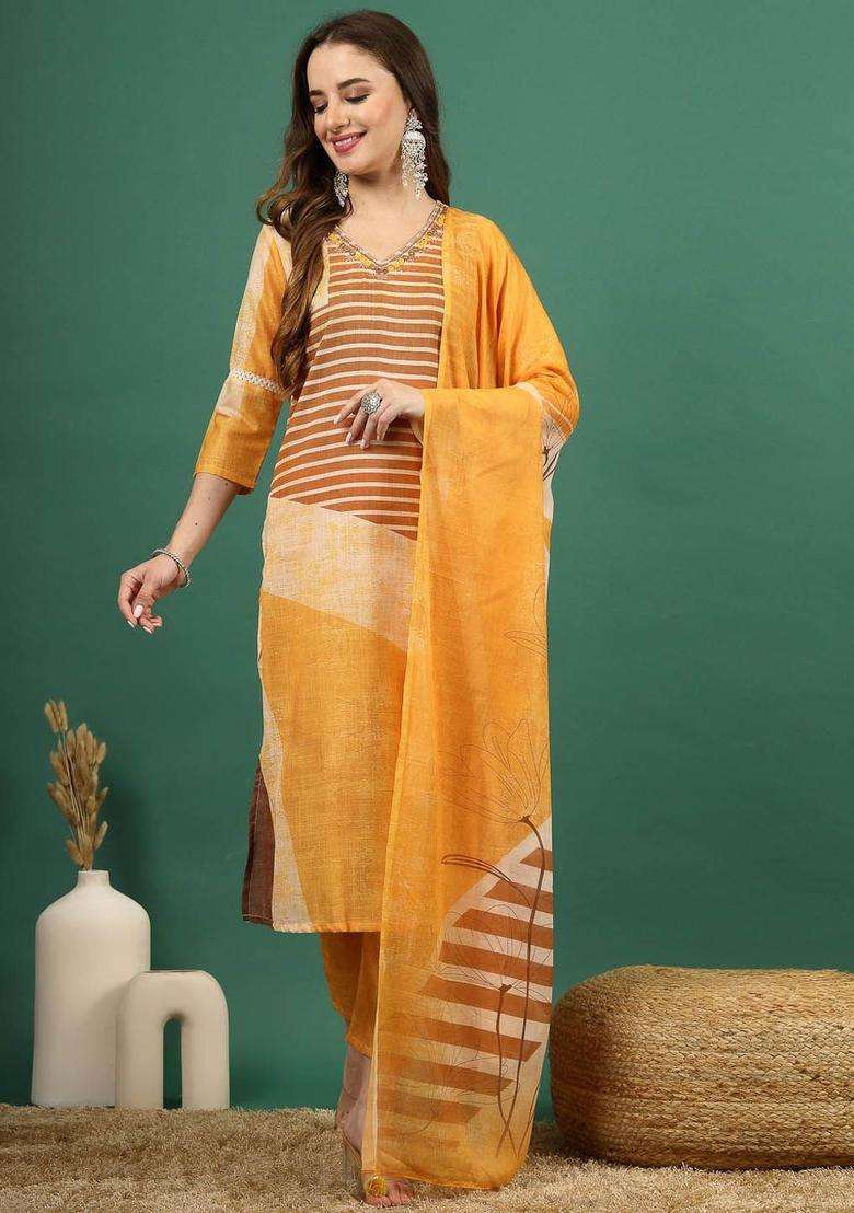 Yellow Striped Viscose Kurta Set - Indya