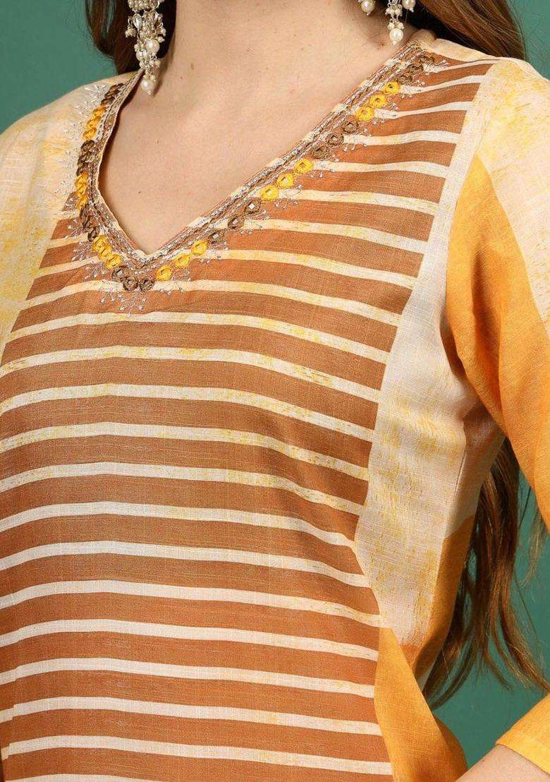 Yellow Striped Viscose Kurta Set - Indya