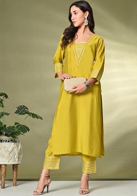 Lime Green Solid Silk Kurta Set
