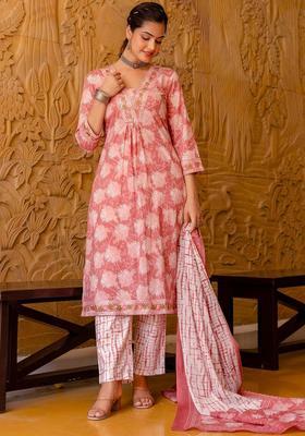 Pink Embroidered Cotton Kurta Set