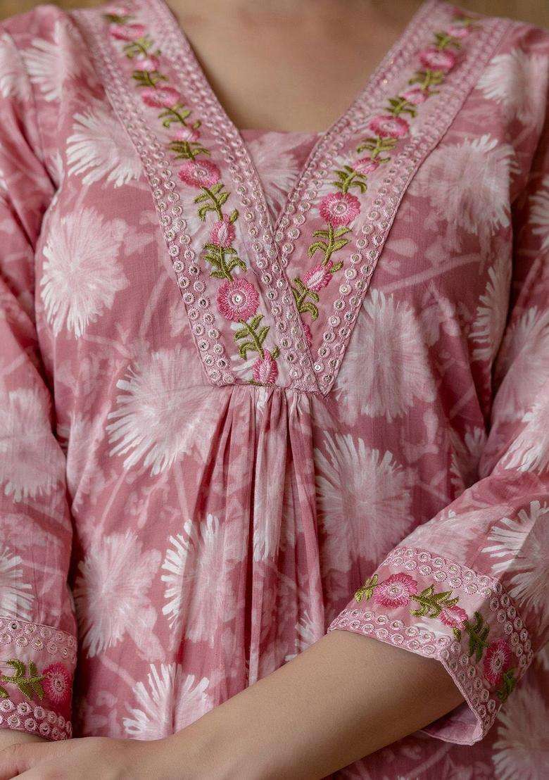 Pink Embroidered Cotton Kurta Set - Indya