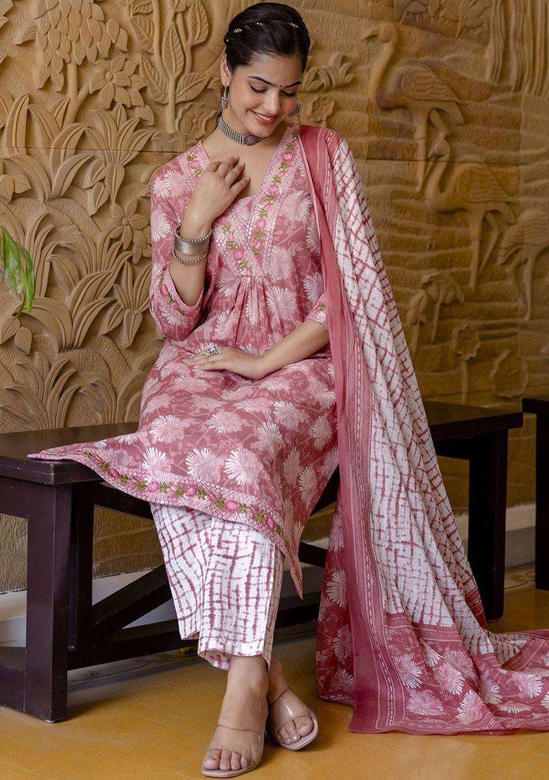 Pink Embroidered Cotton Kurta Set - Indya