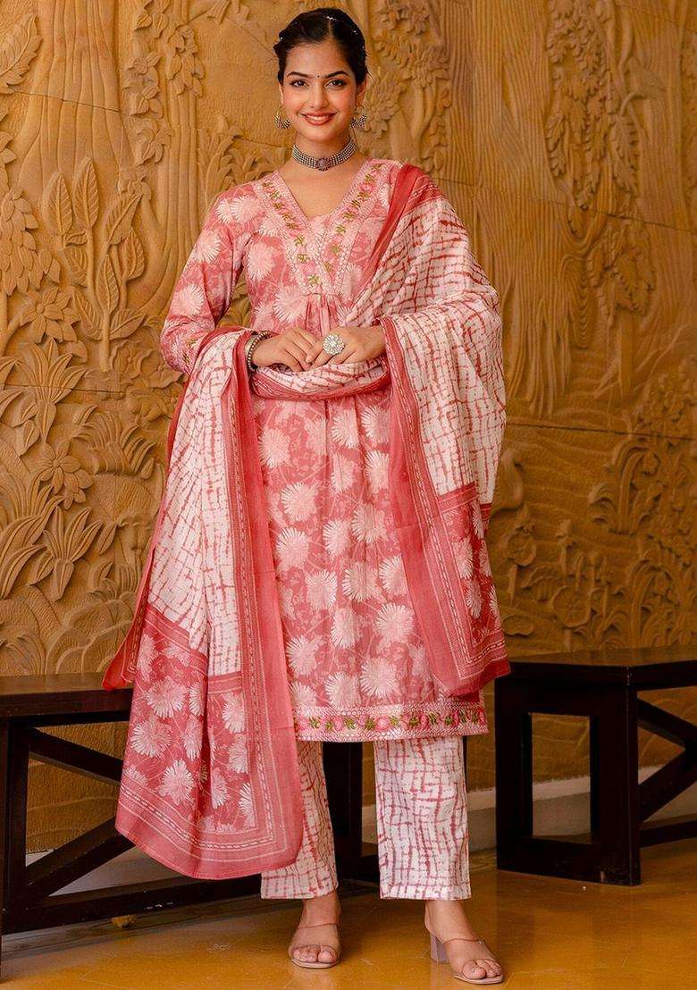 Pink Embroidered Cotton Kurta Set - Indya