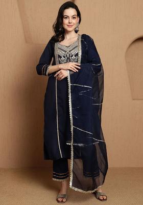 Navy Blue Embroidered Crepe Kurta Set