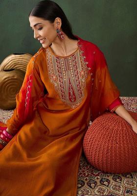 Orange Yoke Design Silk Blend Kurta Set