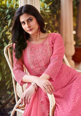 Peach Embroidered Georgette Kurta Set
